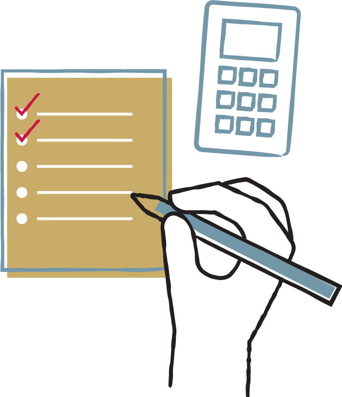 Illustration of hand checking off a list next to a calculator